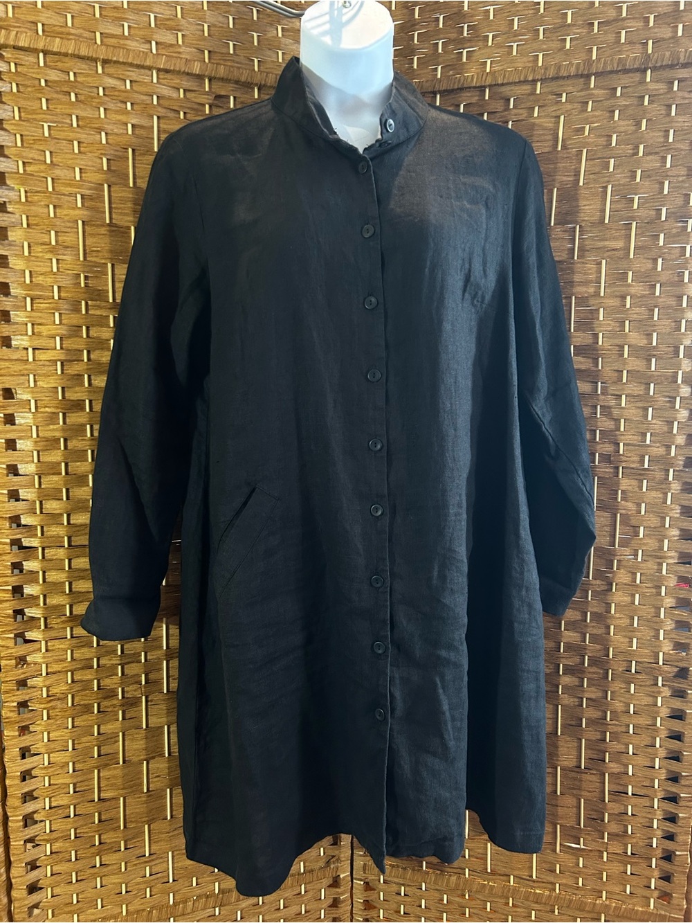 FLAX Black Linen Shirt Dress L Lagenlook Oversized Tunic Duster